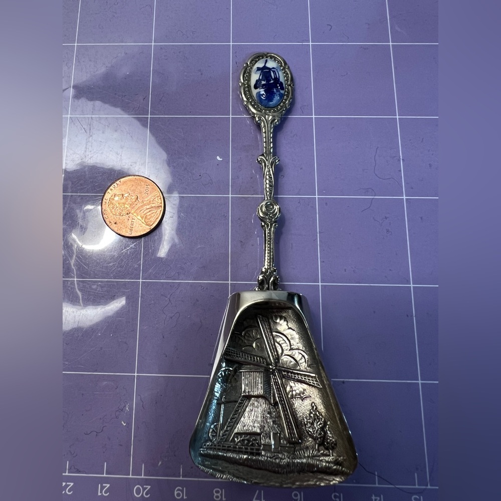 Vintage Dutch Silver Plate Caddy Spoon Windmill Delft Blue HH Holland
